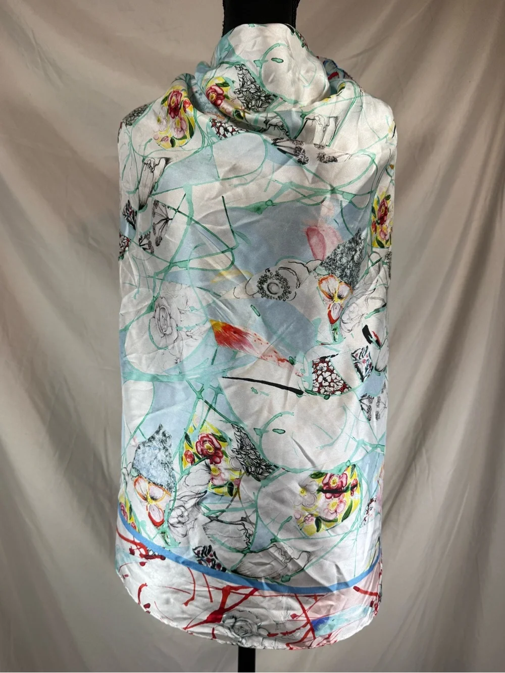 Robert Graham Watercolor Abstract Silk Scarf Blue/White/Red - Large